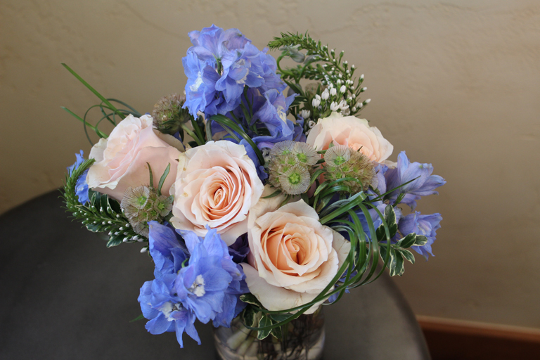 Pink Roses and Blue Delphinium for Valentine's Day