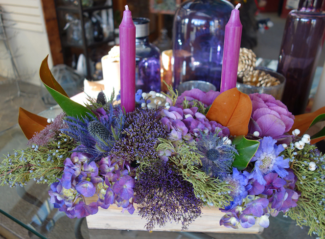 Magnolia leaves, juniper, and blue hydrangeas