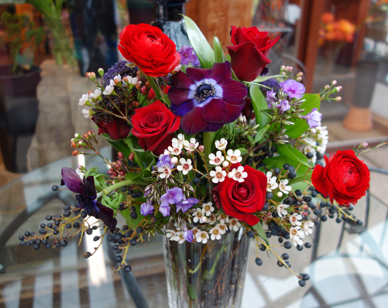 Red Roses with Berries and Anemone