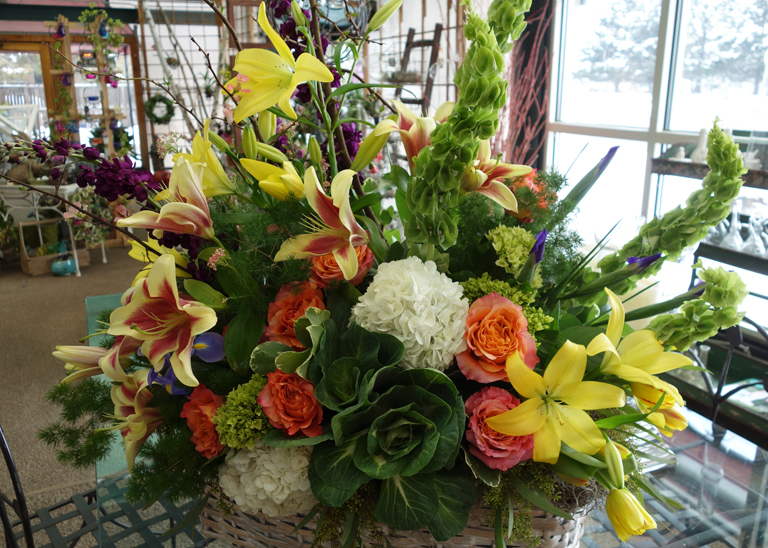 Garden Basket with Hydrangea and Peach Roses