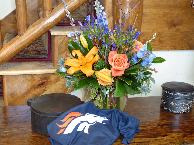 Blue and Orange Denver Bronco flower arrangements for the Super Bowl