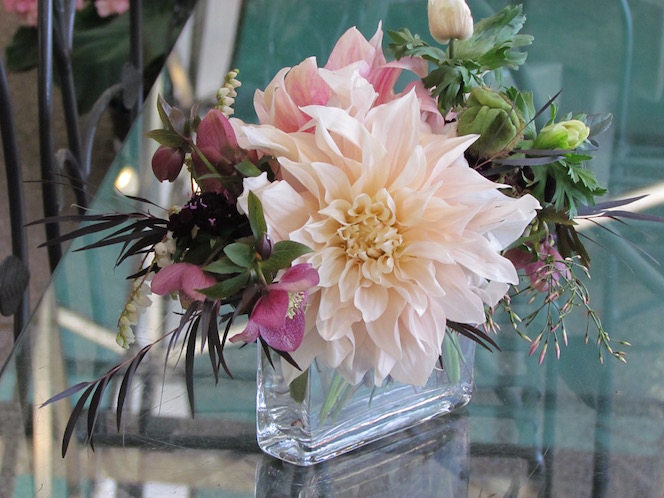 Table Piece with Dahlias, Helleborus and Anemone