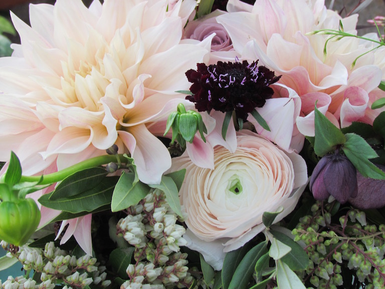 Bouquet with magenta scabiosa and peach ranunculus
