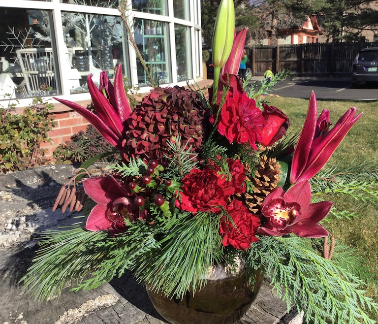 Burgundy Cymbidiums, Dahlias, Hydrangea and Lilies