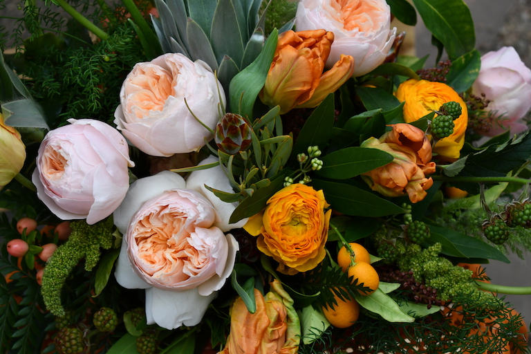 Tulips and peach roses