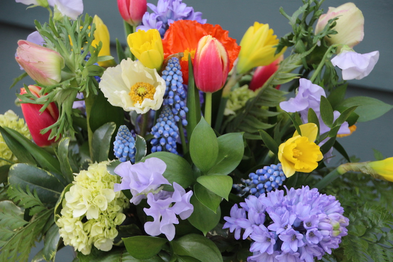 Mixed spring flowers with fragrant hyacinths